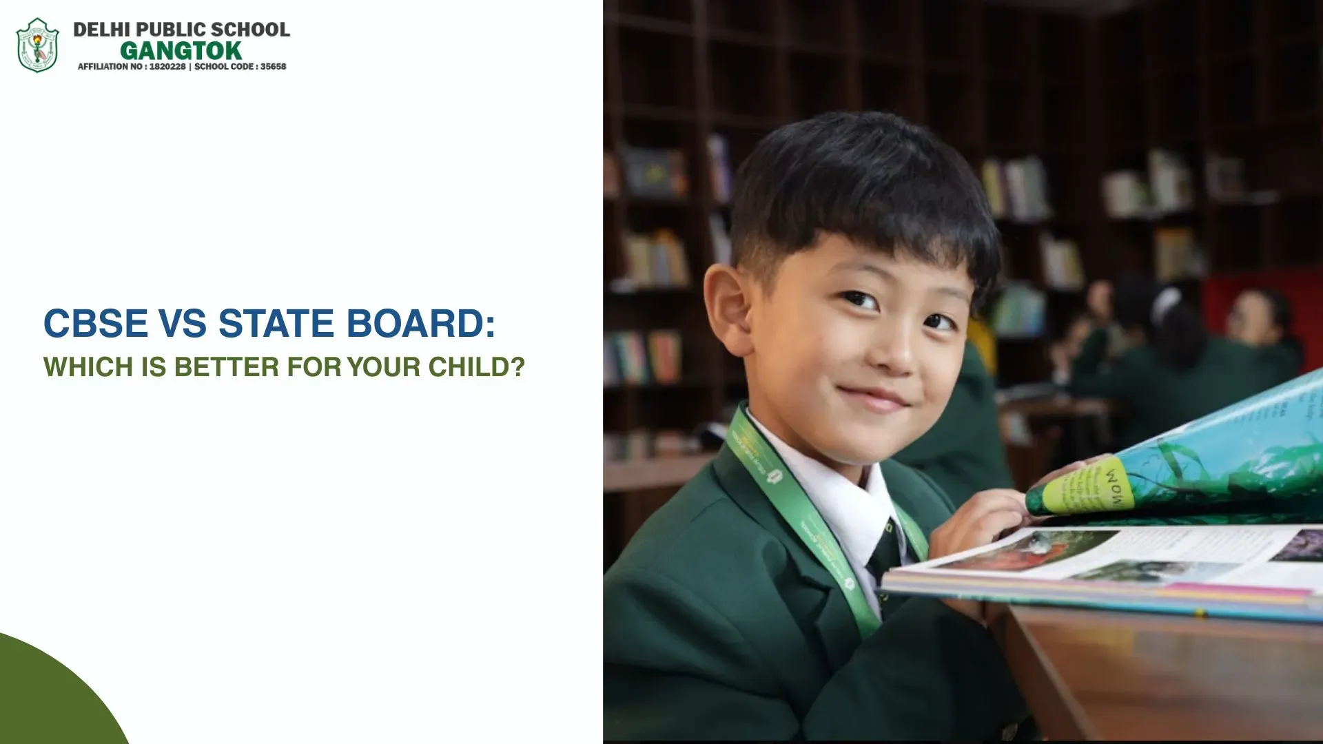 Boy in DPS Gangtok uniform sitting in library